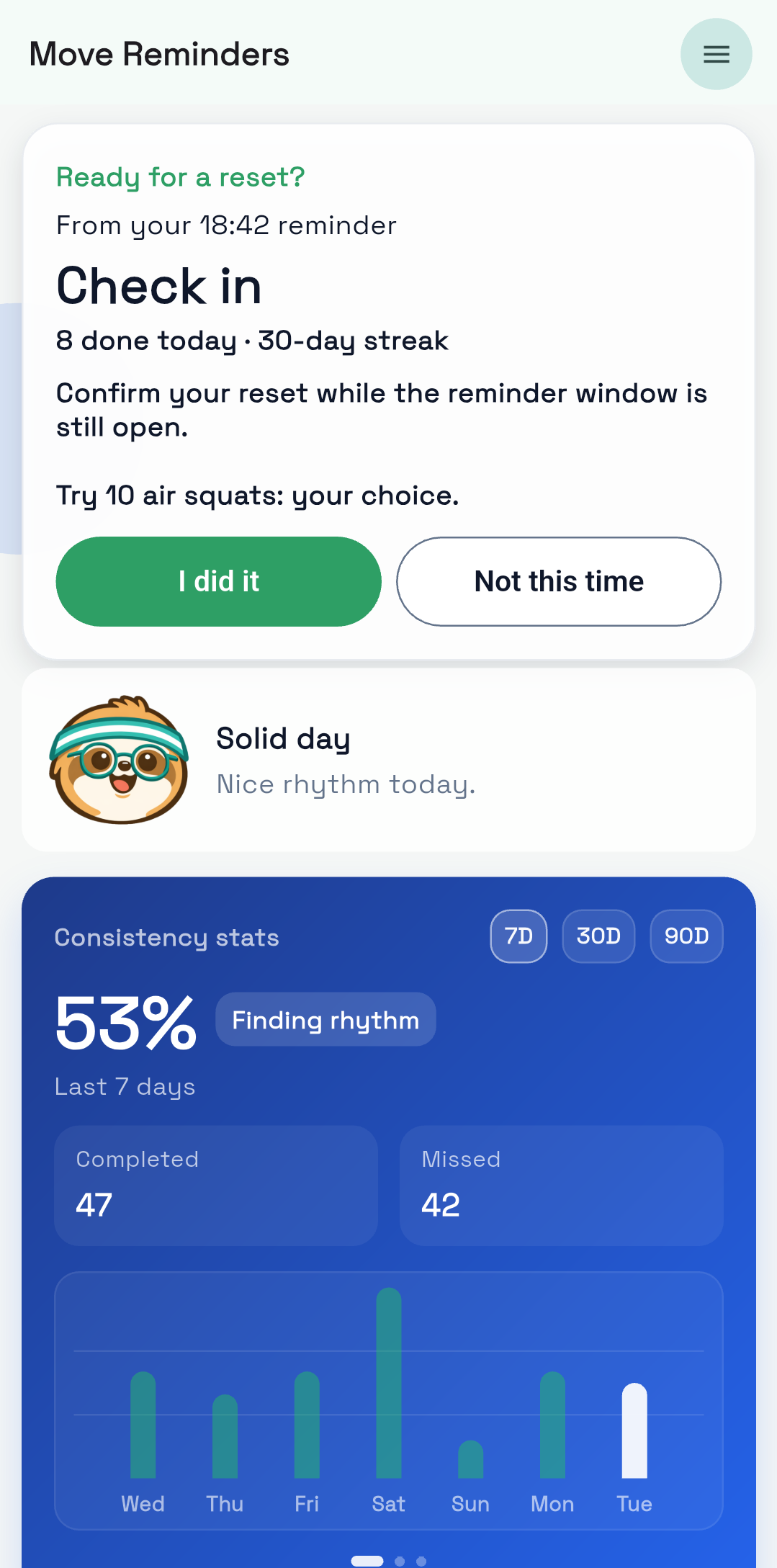 Move Reminders app home screen showing the next reminder and 30-day consistency stats